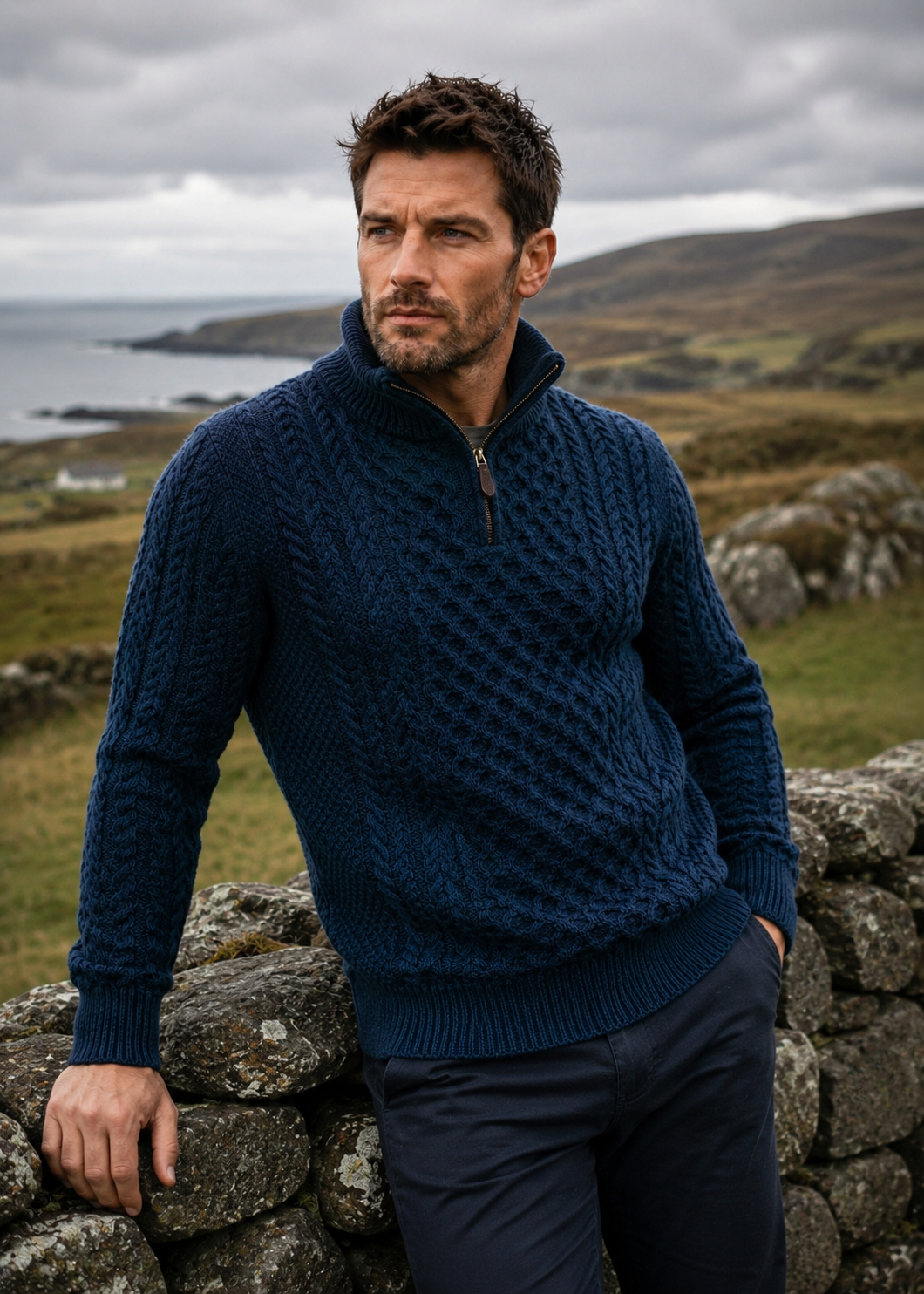 Men's Aran Half Zip Sweater - Blackwatch Navy Green | 100% Merino Wool