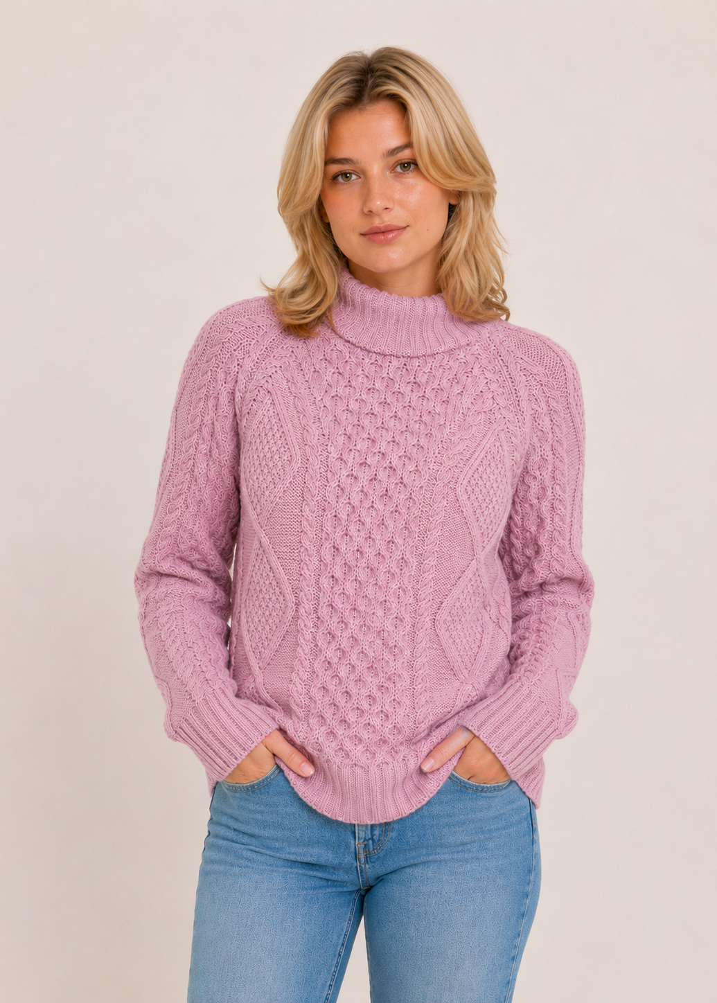 Merino Wool Cowl Neck Aran Sweater | Rose Pink