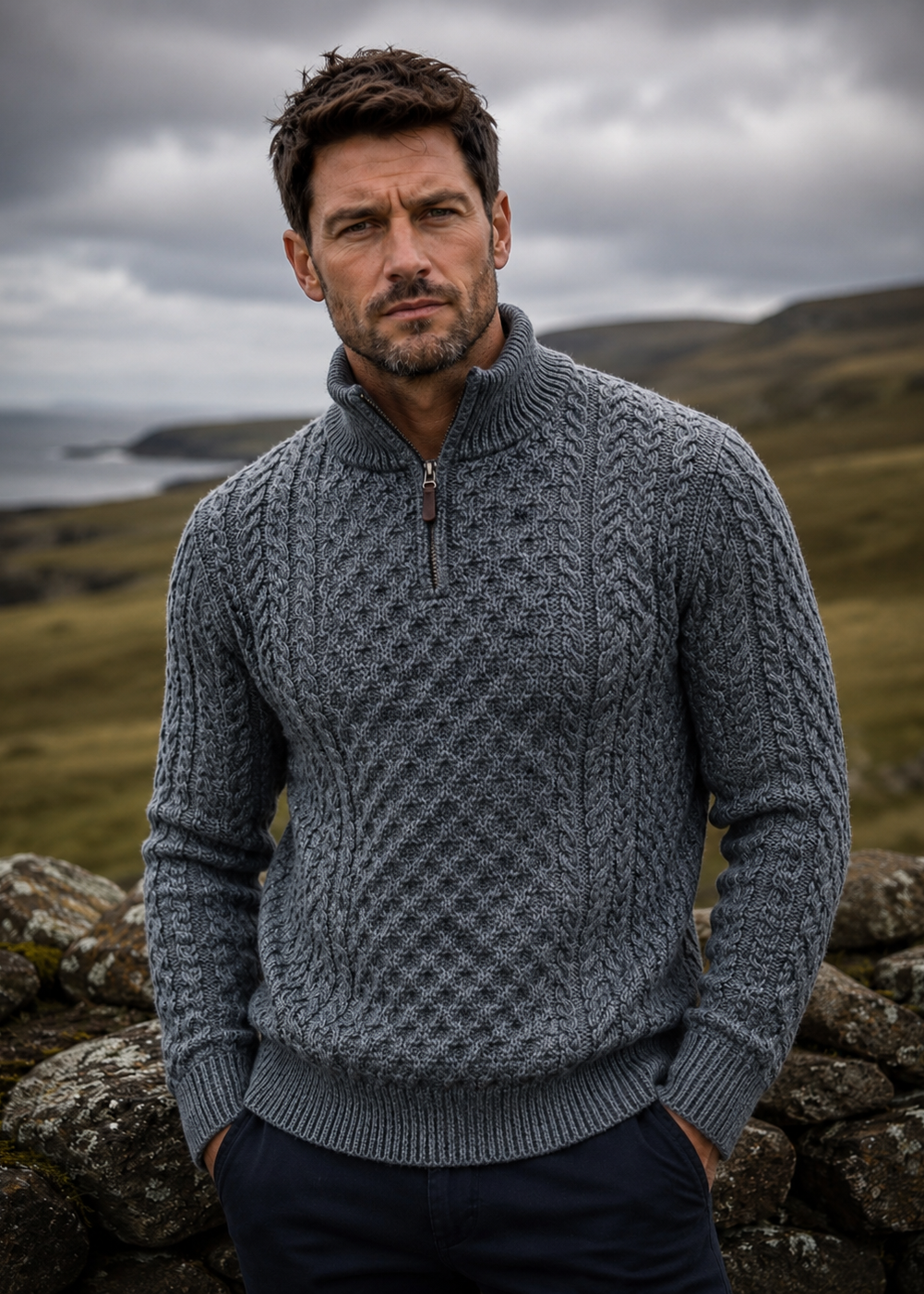 Aran Cable Knit Half Zip Sweater - 100% Merino Wool | Slate