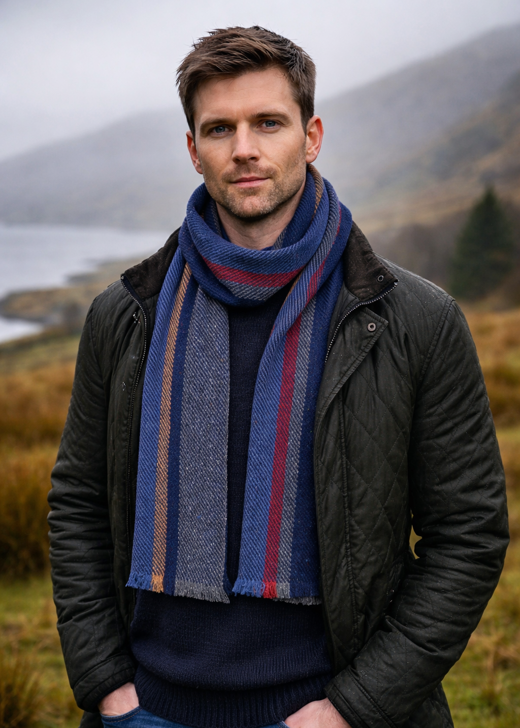 Mucros Donegal Wool Scarf | Red Stripe | Handwoven Irish Heritage