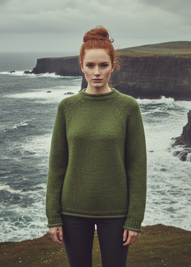 Ladies Roll Neck Fisherman Sweater | Green