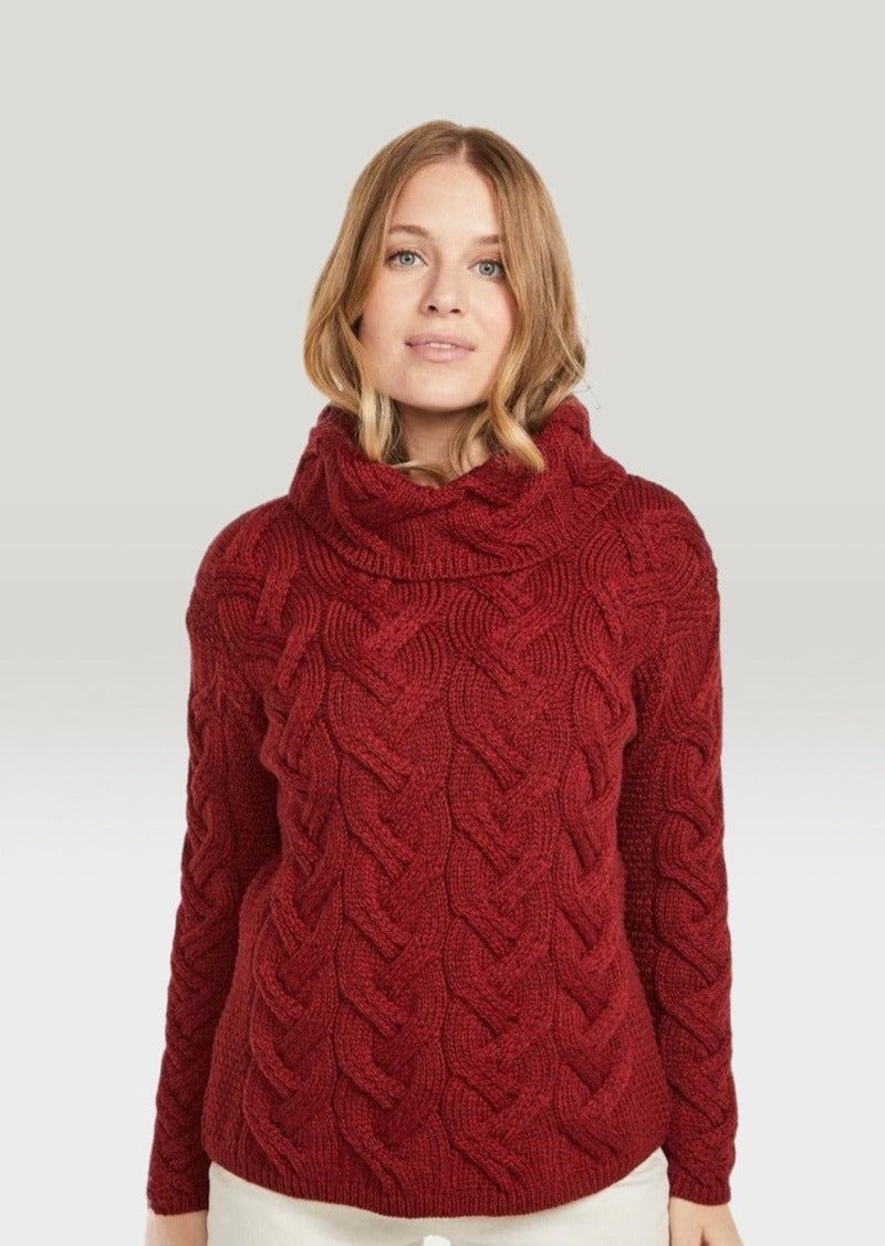Aran Cowl Neck Chunky Sweater - Red