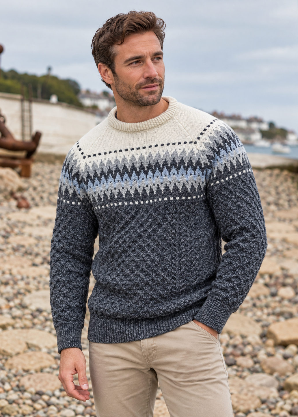 Aran Merino Crew Neck Fair isle Sweater - Slate