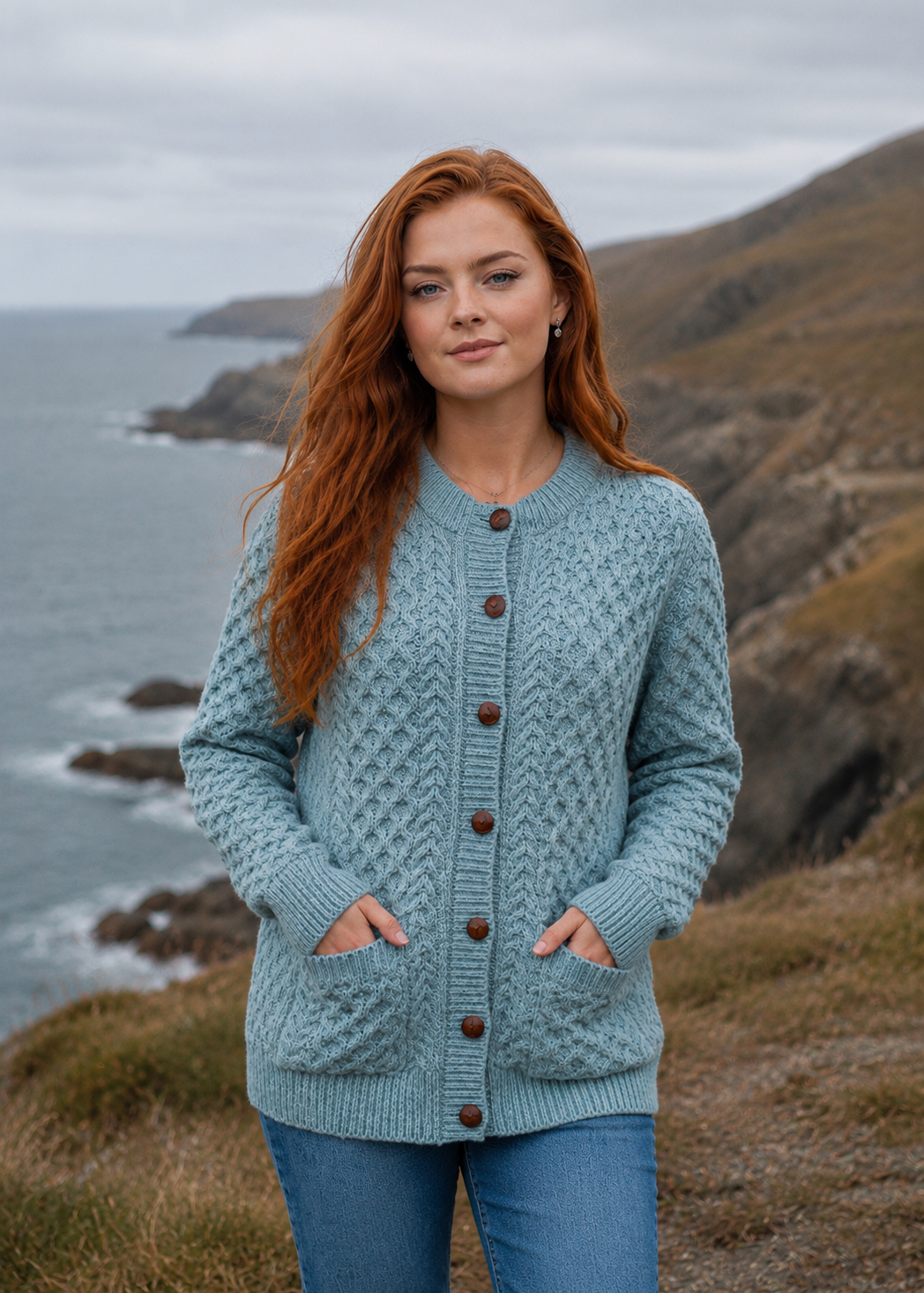 Aran Cable Knit Cardigan | 100% Wool | Aqua