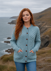 Aran Cable Knit Cardigan | 100% Wool | Aqua