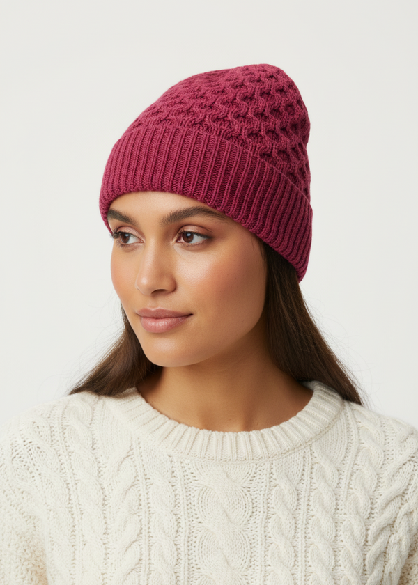 Aran Merino Wool Hat - Raspberry Marl