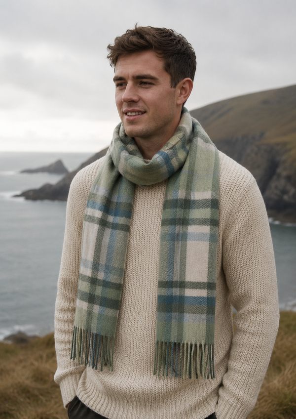 Foxford Lambswool Scarf | Turquoise & Cream Tartan