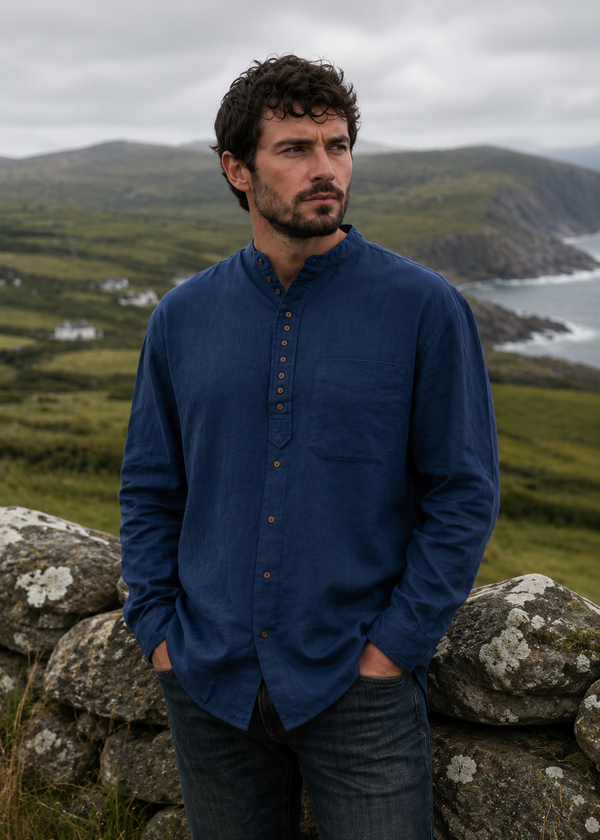 Irish Grandfather Shirt | Ink Blue Cotton Linen Blend | Civilian
