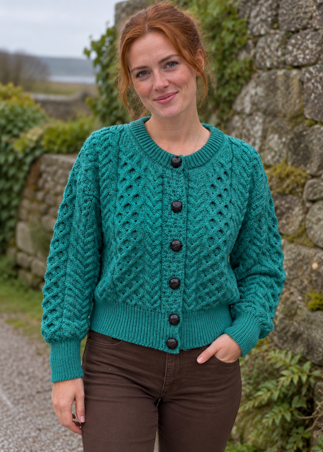 Ladies Merino Cropped Classic Aran Cardigan | Teal