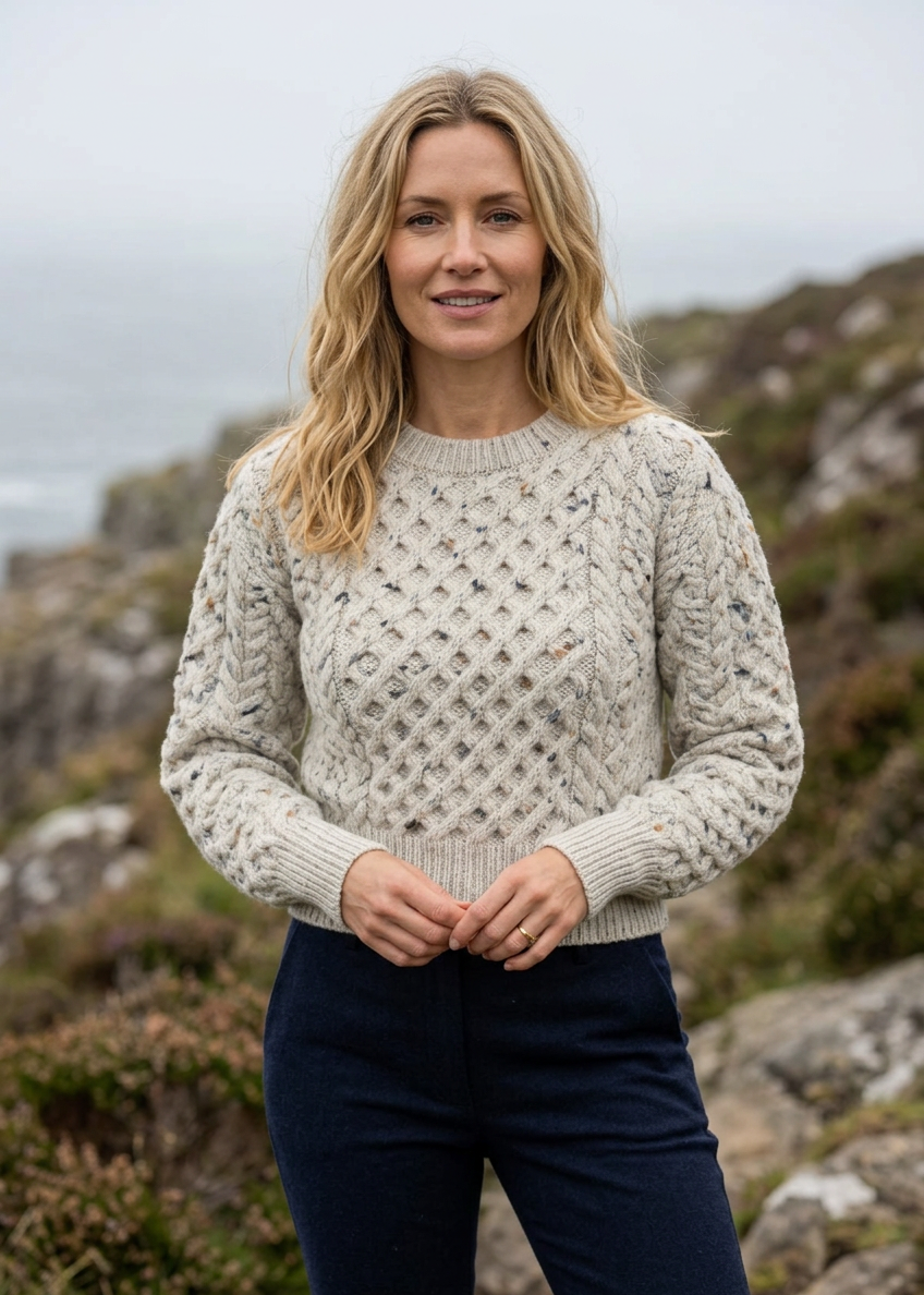 Ladies Merino Cropped Classic Aran Sweater | Flecked Nepp
