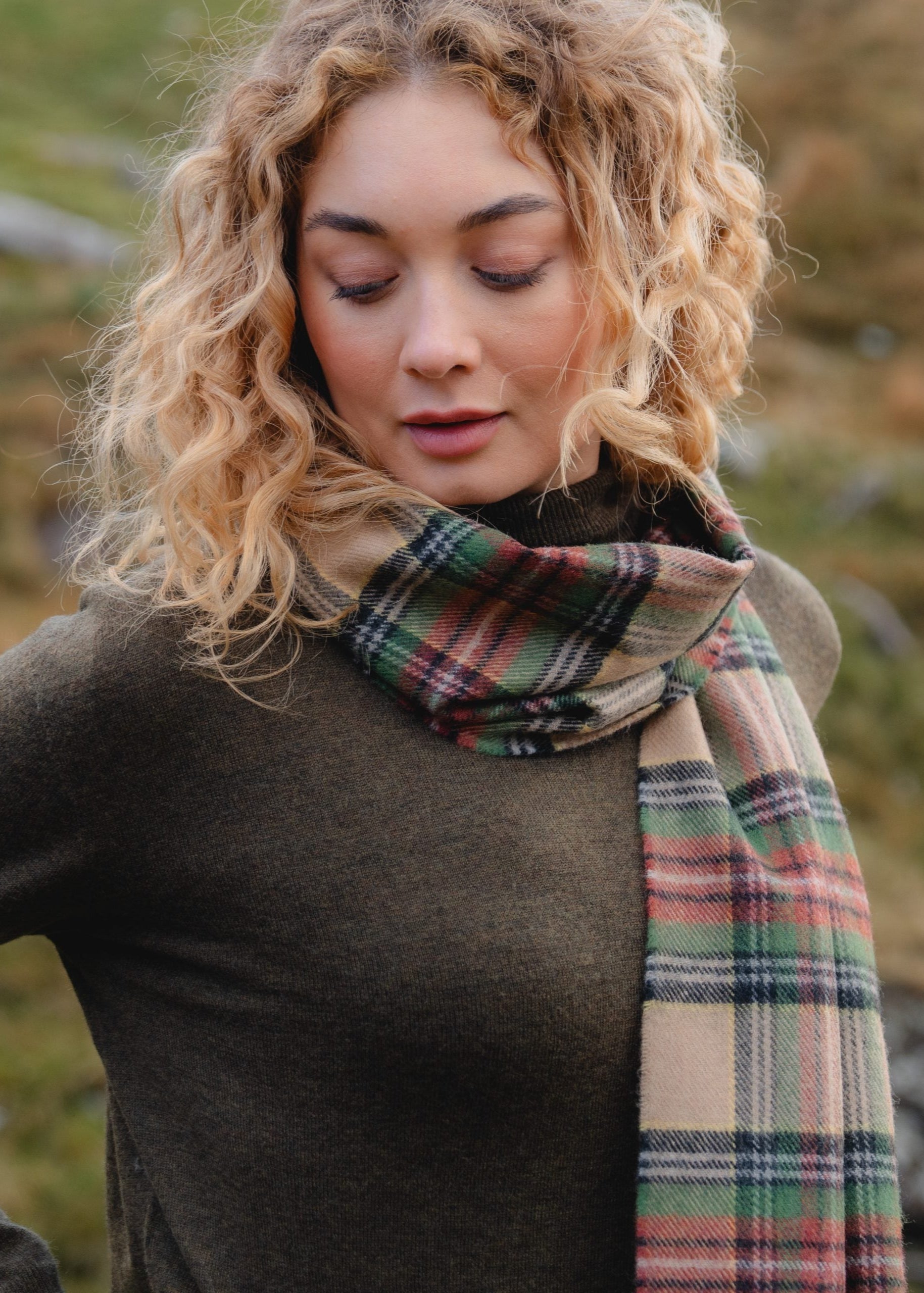 John Hanly Merino Scarf | Green Brown Charcoal Camel Check