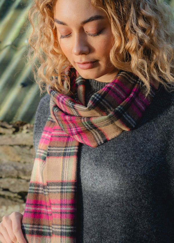 John Hanly Merino Scarf | Pink Brown Charcoal Camel Check