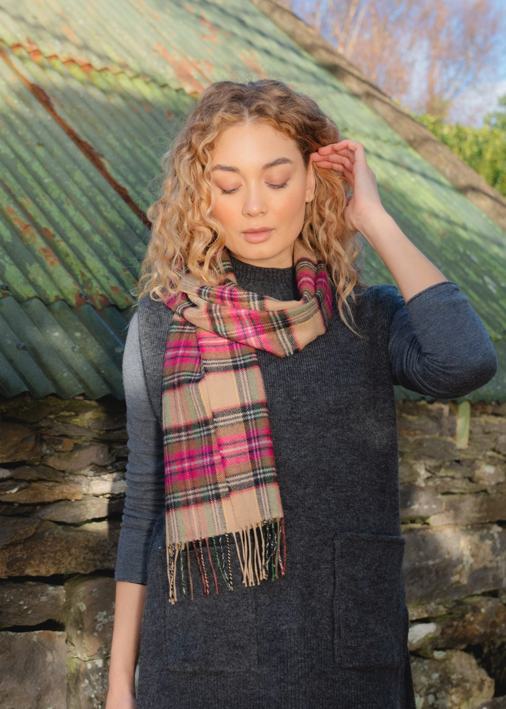 John Hanly Merino Scarf | Pink Brown Charcoal Camel Check