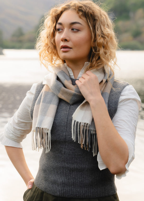 Merino Luxury Wool Scarf Camel Grey Stone White Block Check