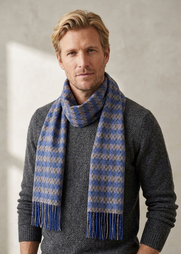 Irish Cashmere Wool Scarf | Blue Beige Check