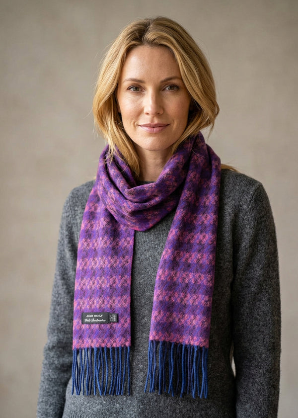 Irish Cashmere Wool Scarf | Blue Salmon Purple Check