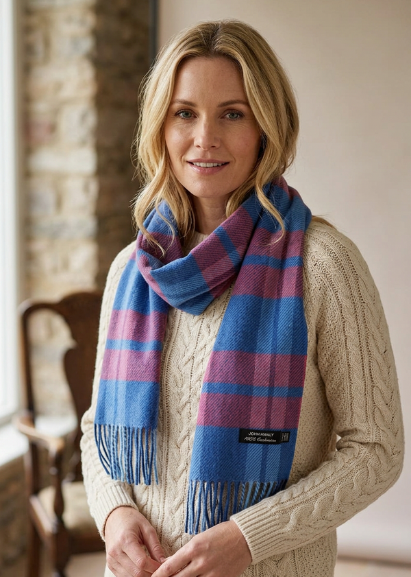 Irish Cashmere Wool Scarf Blue Pink Plaid