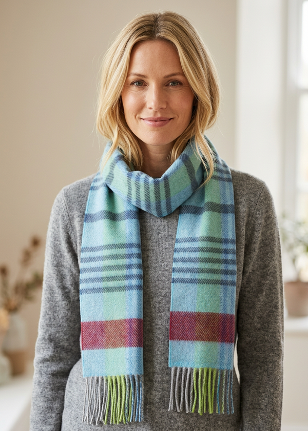 Irish Cashmere Wool Scarf | Grey Blue Burgundy Check