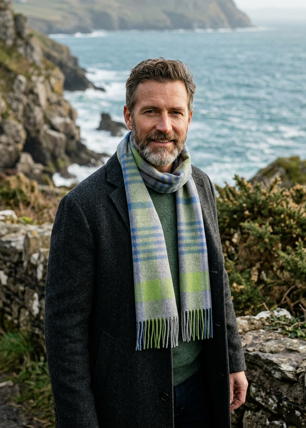 Irish Cashmere Wool Scarf | Grey Green Blue Check - Clearance