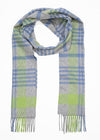 Plaid scarf with blue, green, and gray colors on a white background