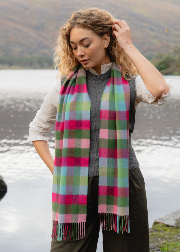 John Hanly Merino Scarf | Pink Raspberry Blue Green Block Check