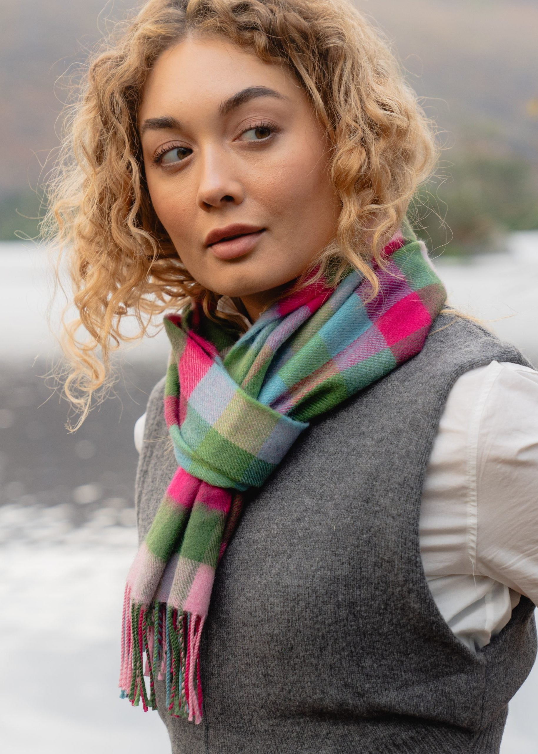 John Hanly Merino Scarf | Pink Raspberry Blue Green Block Check