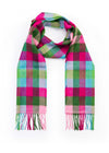 John Hanly Merino Scarf | Pink Raspberry Blue Green Block Check