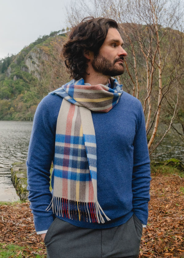 John Hanly Merino Scarf | Blue Brown Rust Stone Check