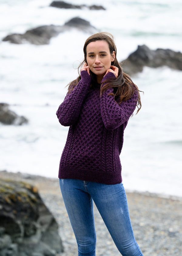 Unisex Aran Crew Neck Merino Sweater | Purple