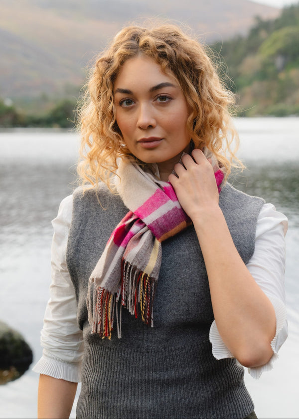 John Hanly Merino Scarf | Pink Wine Orange Stone Check