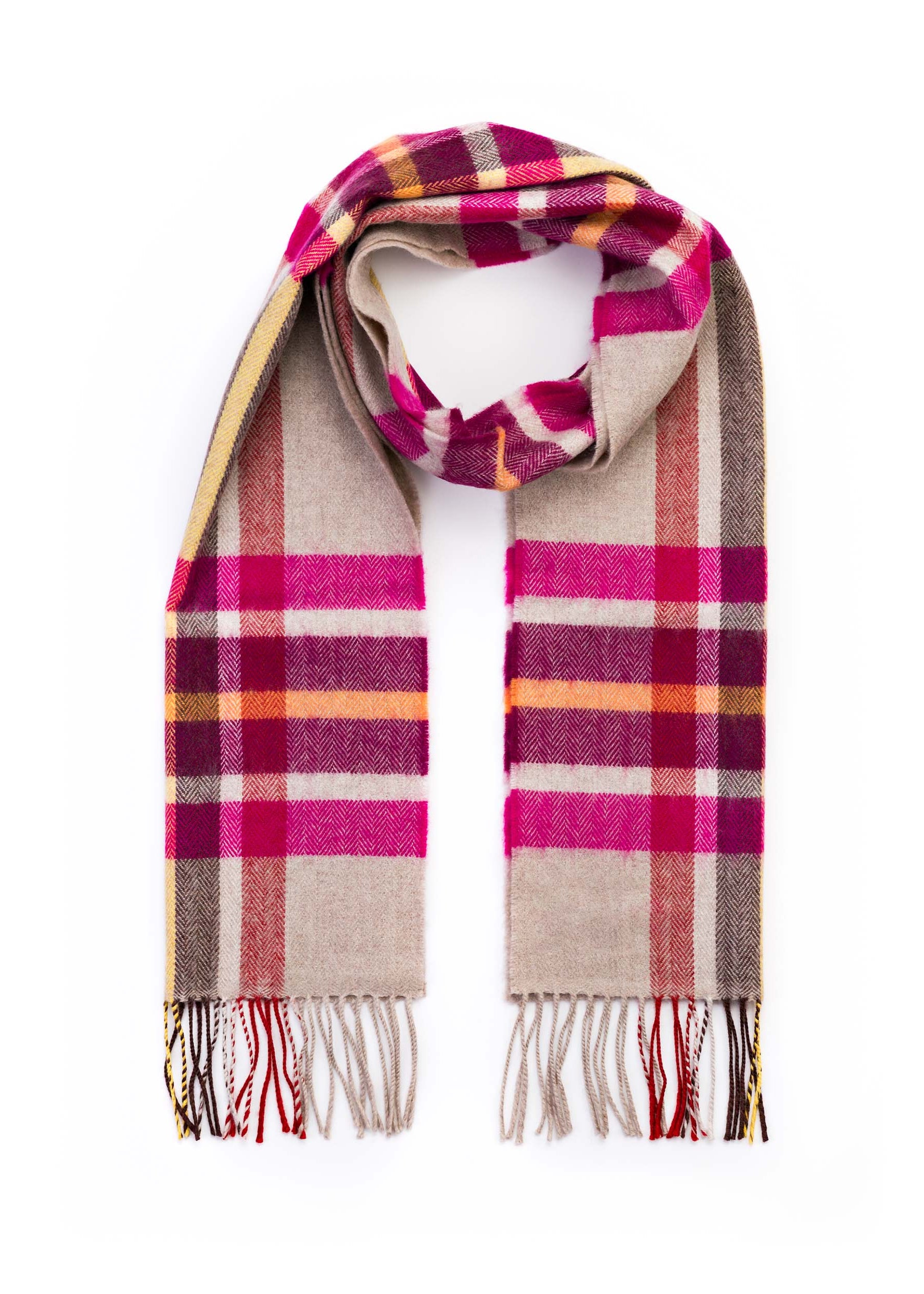 John Hanly Merino Scarf | Pink Wine Orange Stone Check