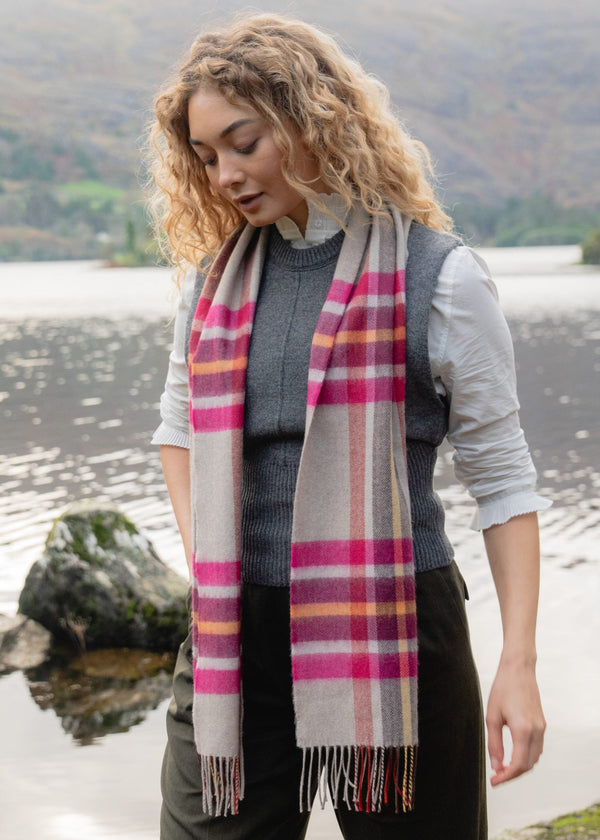 John Hanly Merino Scarf | Pink Wine Orange Stone Check