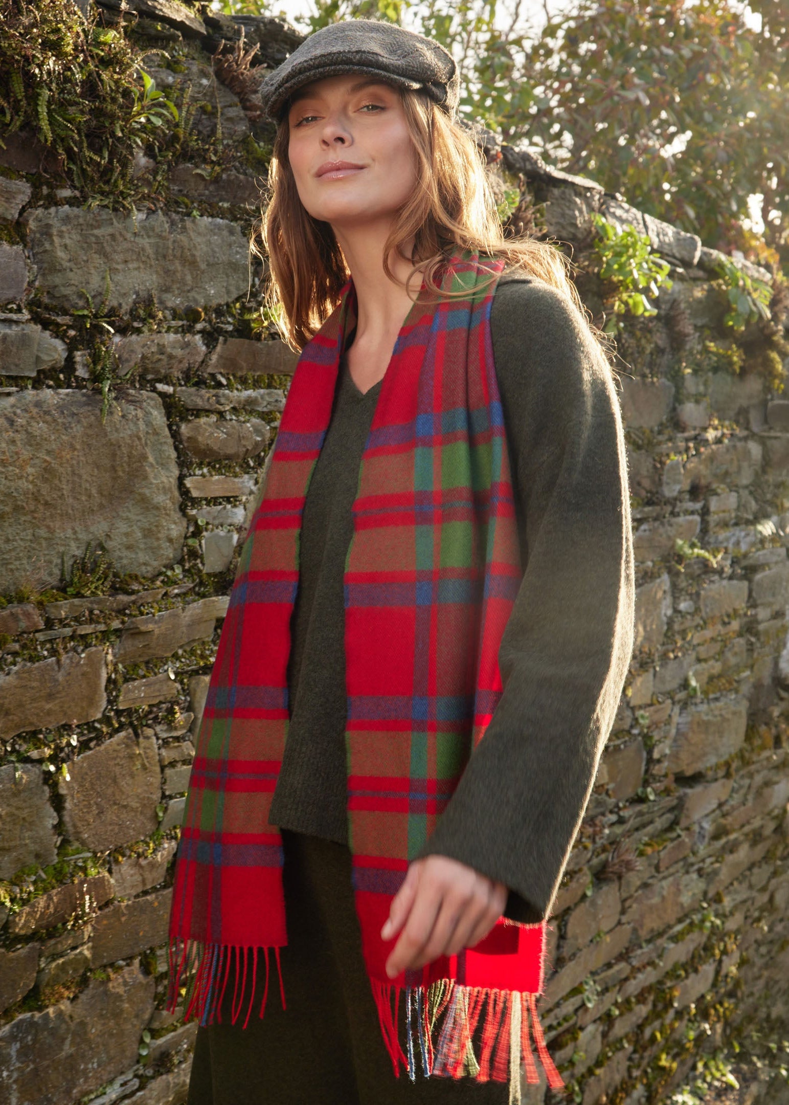 John Hanly Merino Scarf | Red Green Blue Check Herringbone
