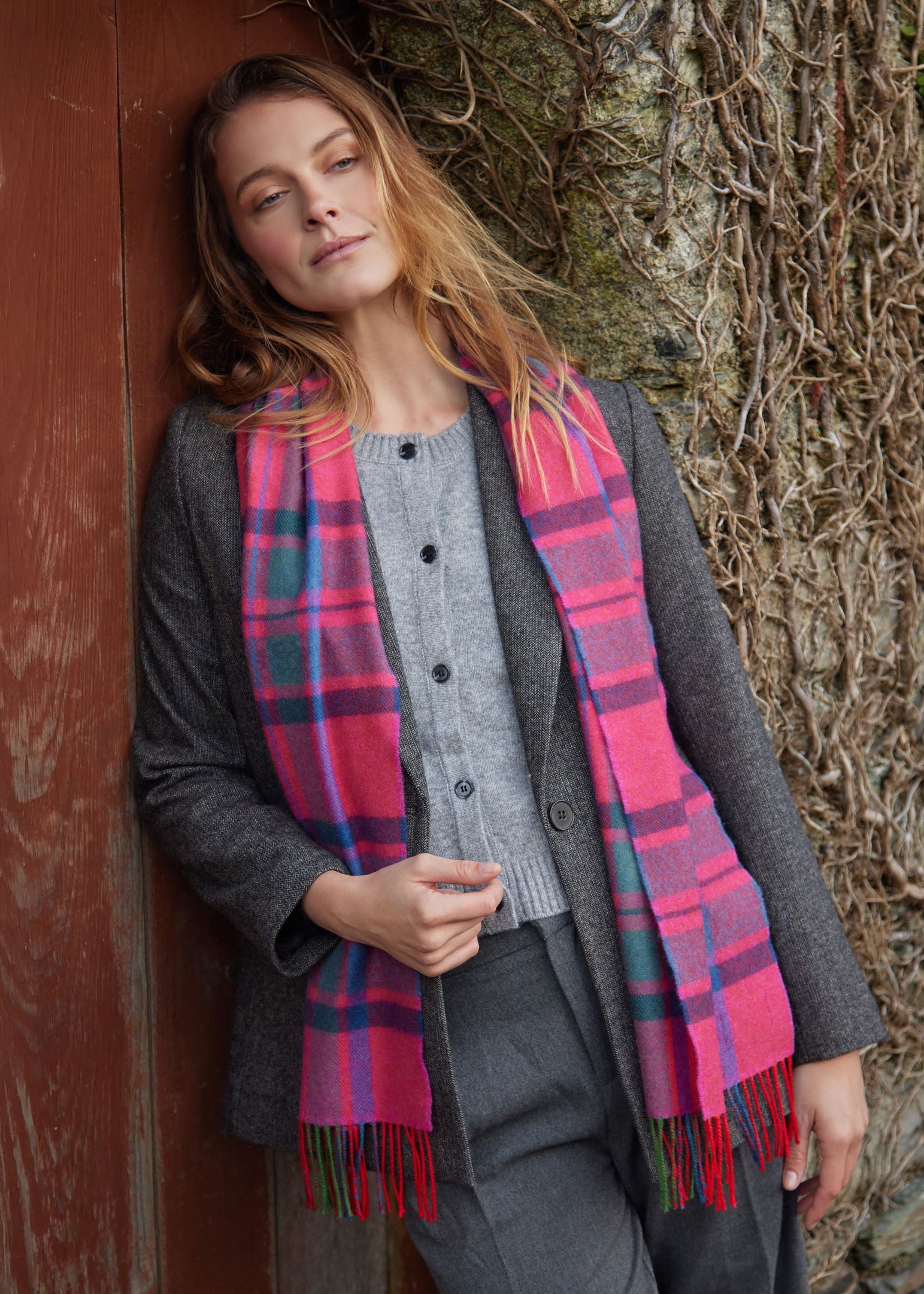 John Hanly Merino Scarf | Pink Slate Navy Blue Check Herringbone