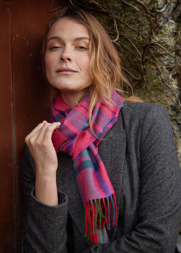 John Hanly Merino Scarf | Pink Slate Navy Blue Check Herringbone