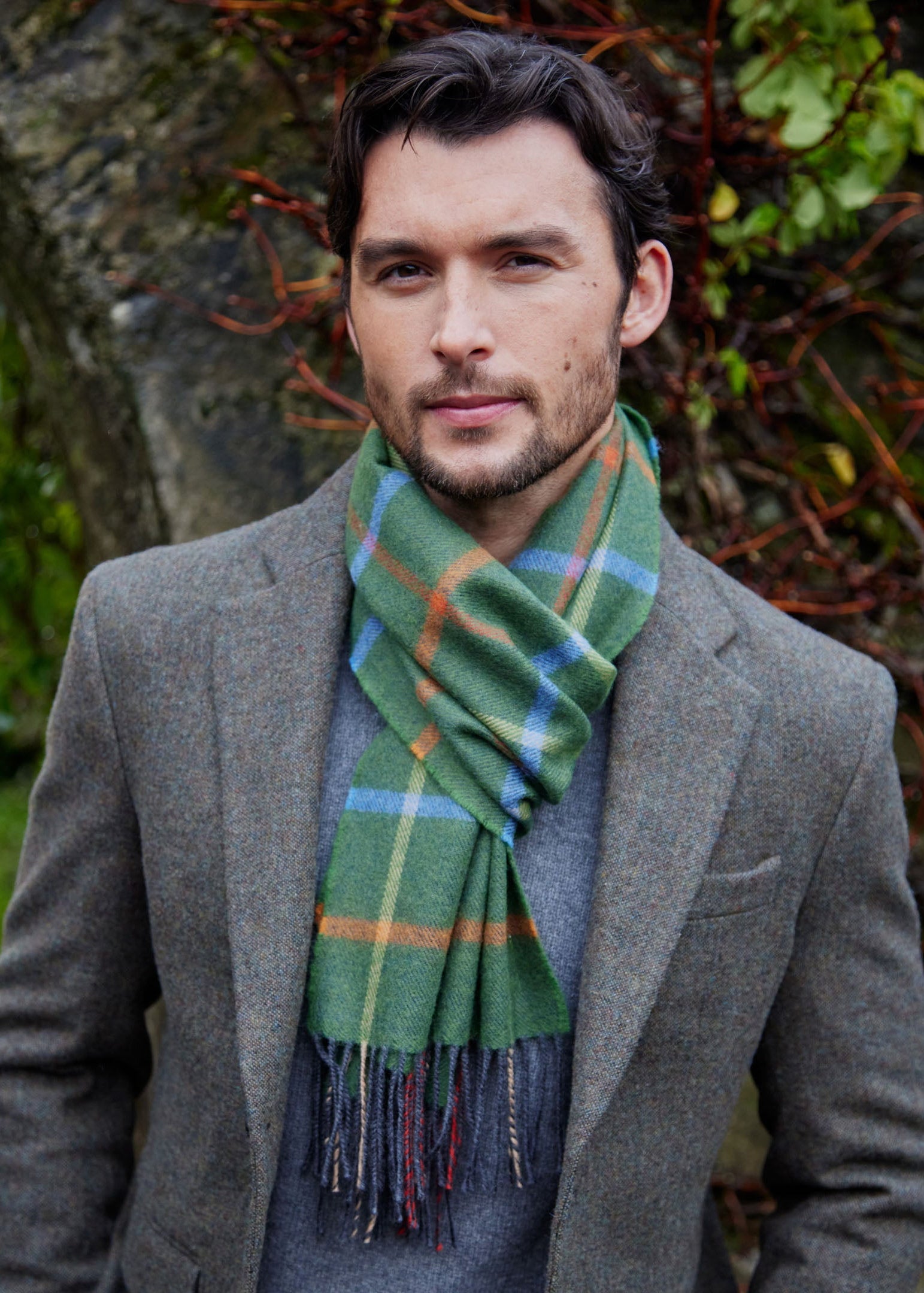 John Hanly Merino Scarf | Green Rust Orange Blue Check