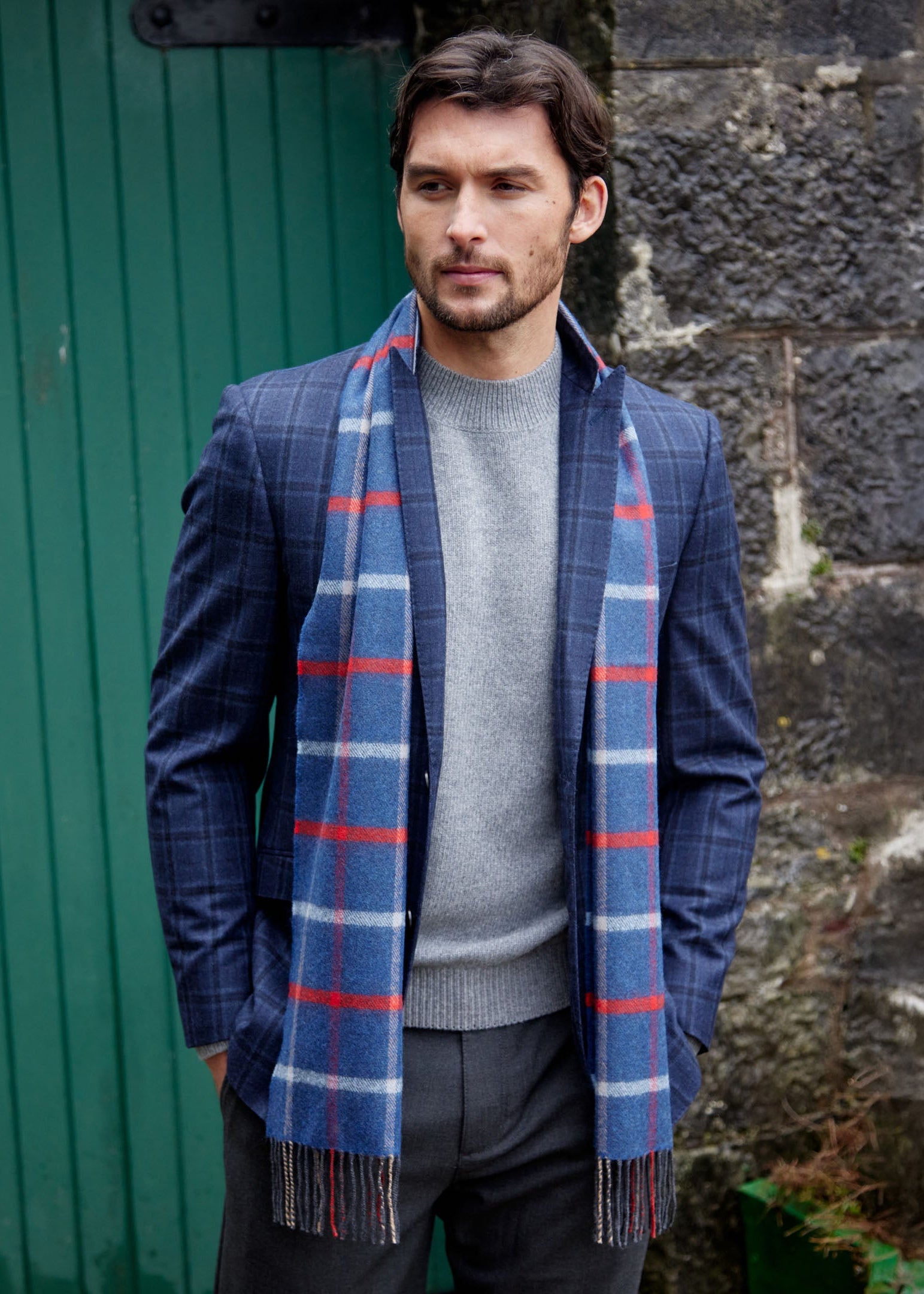 John Hanly Merino Scarf | Blue Red Sky Beige Check