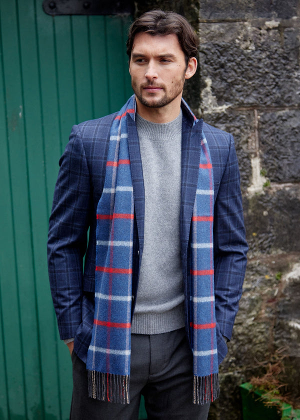 John Hanly Merino Scarf | Blue Red Sky Beige Check
