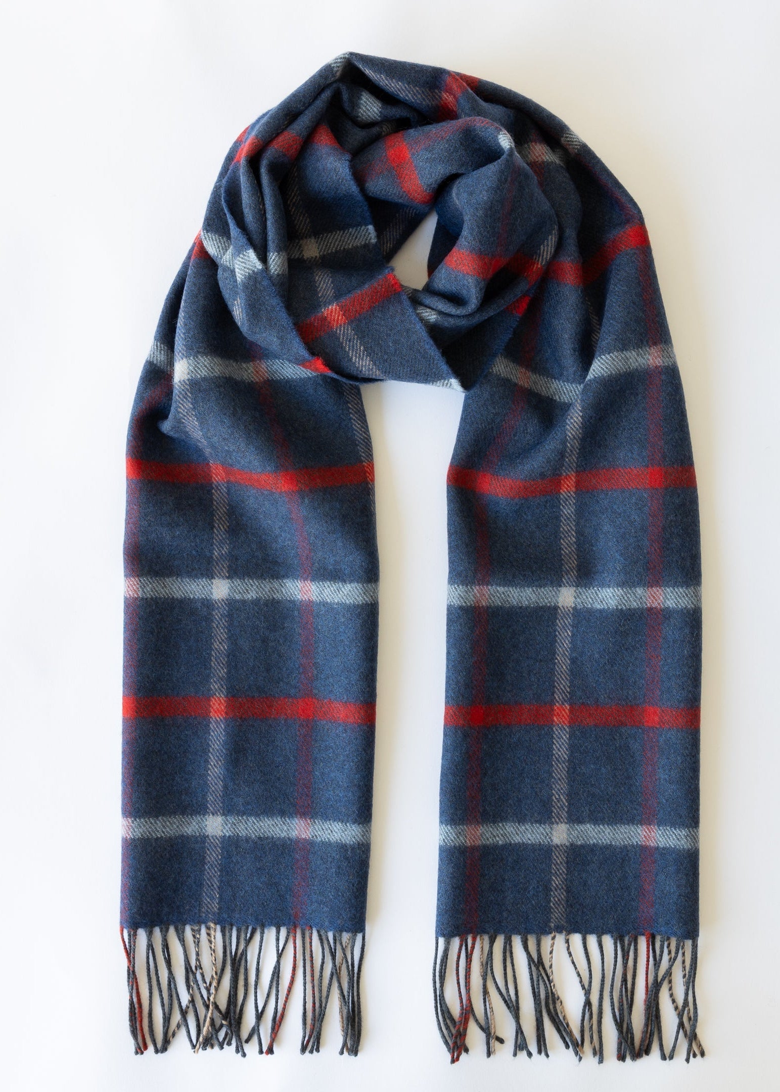 John Hanly Merino Scarf | Blue Red Sky Beige Check