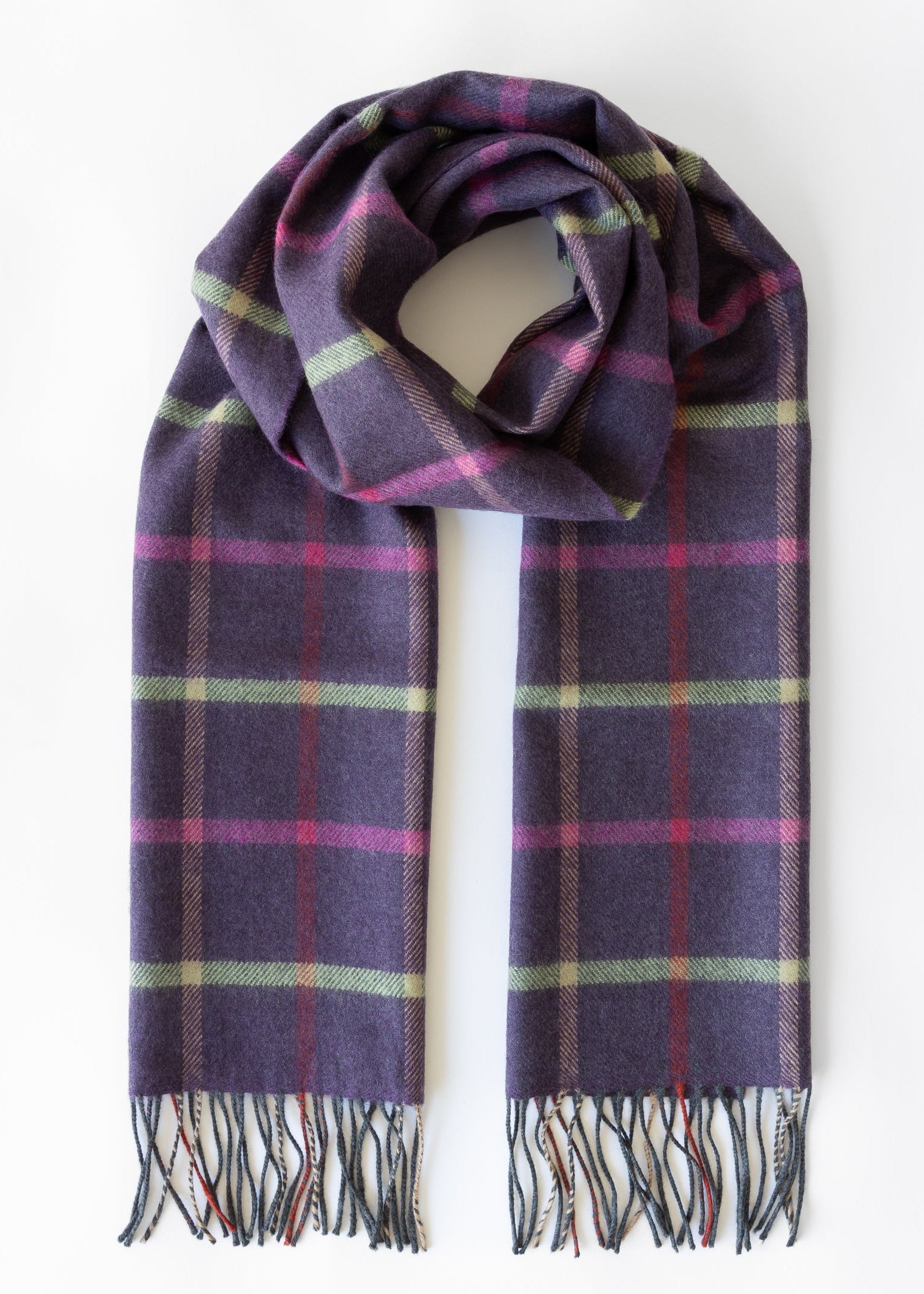 John Hanly Merino Scarf | Purple Pink Green Beige Check