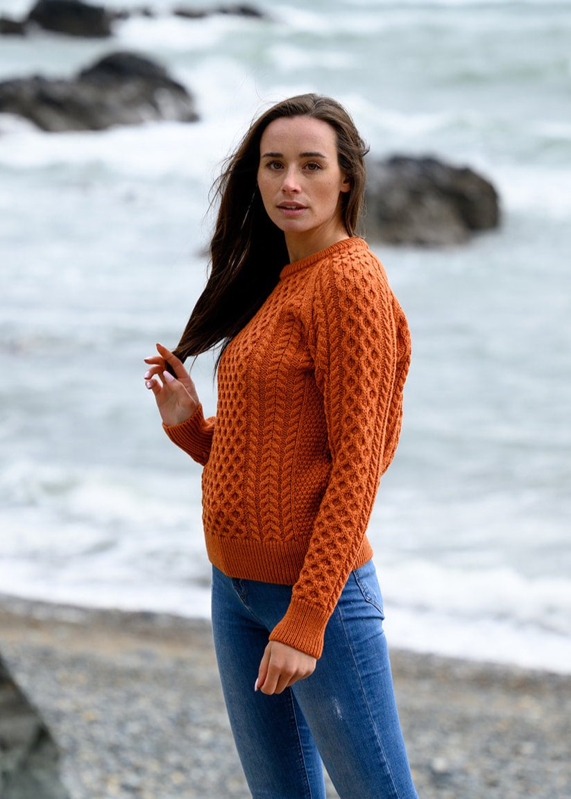 Ladies Slim-Fit Aran Sweater | Terracotta