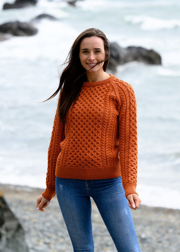 Ladies Slim-Fit Aran Sweater | Terracotta