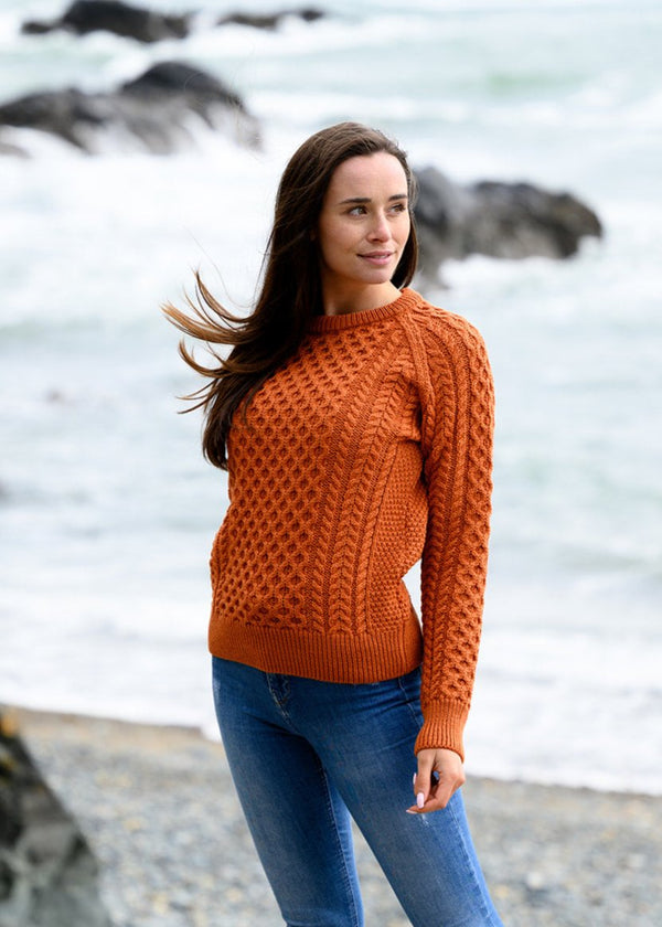 Ladies Slim-Fit Aran Sweater | Terracotta