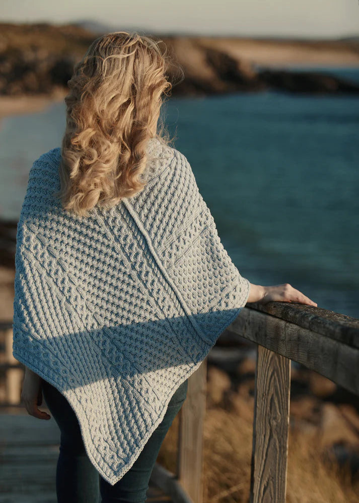 Aran Merino Wool Cowl Poncho | Sky