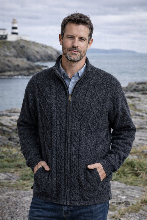Men's Lined Wool Aran Cardigan | Charcoal