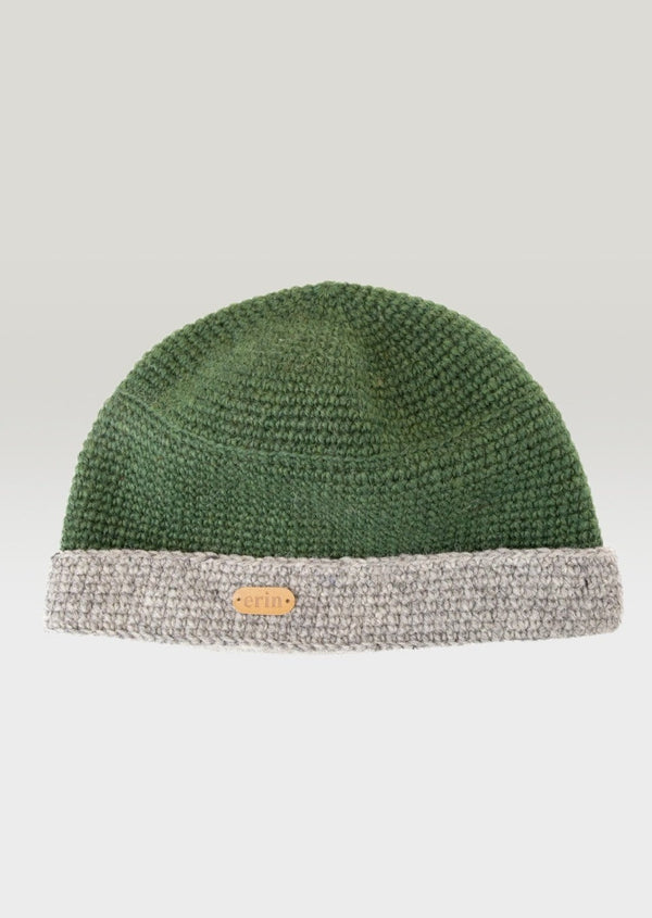 Crochet Turn up Hat Green/Oatmeal