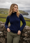 Damen-Aran-Zopfstrickpullover | Marineblau