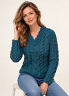 Ladies V-Neck Supersoft Merino Aran Sweater - Irish Sea