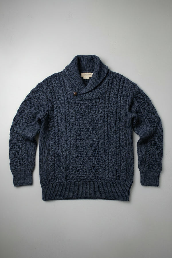 Aran Shawl Neck Sweater | 100% Merino Wool | Denim Marl