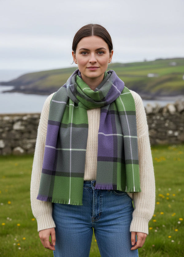 Foxford Giant Merino Scarf | Green Purple Check